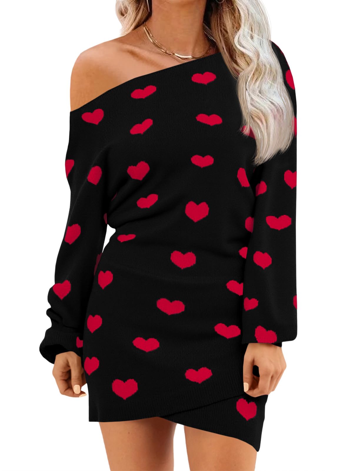 Women's Heart Print Off The Shoulder Sweater Dress(40% OFF!!!)