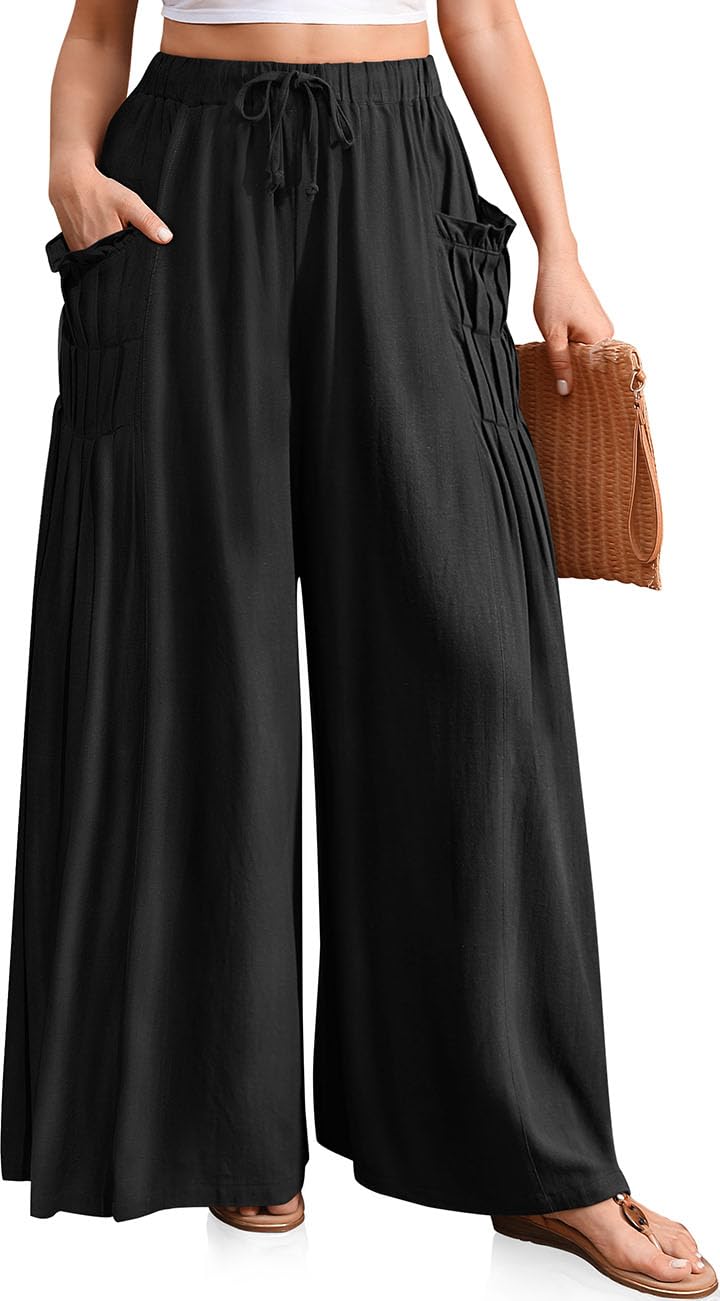 Women Linen Wide Leg Drawstring Palazzo Pants
