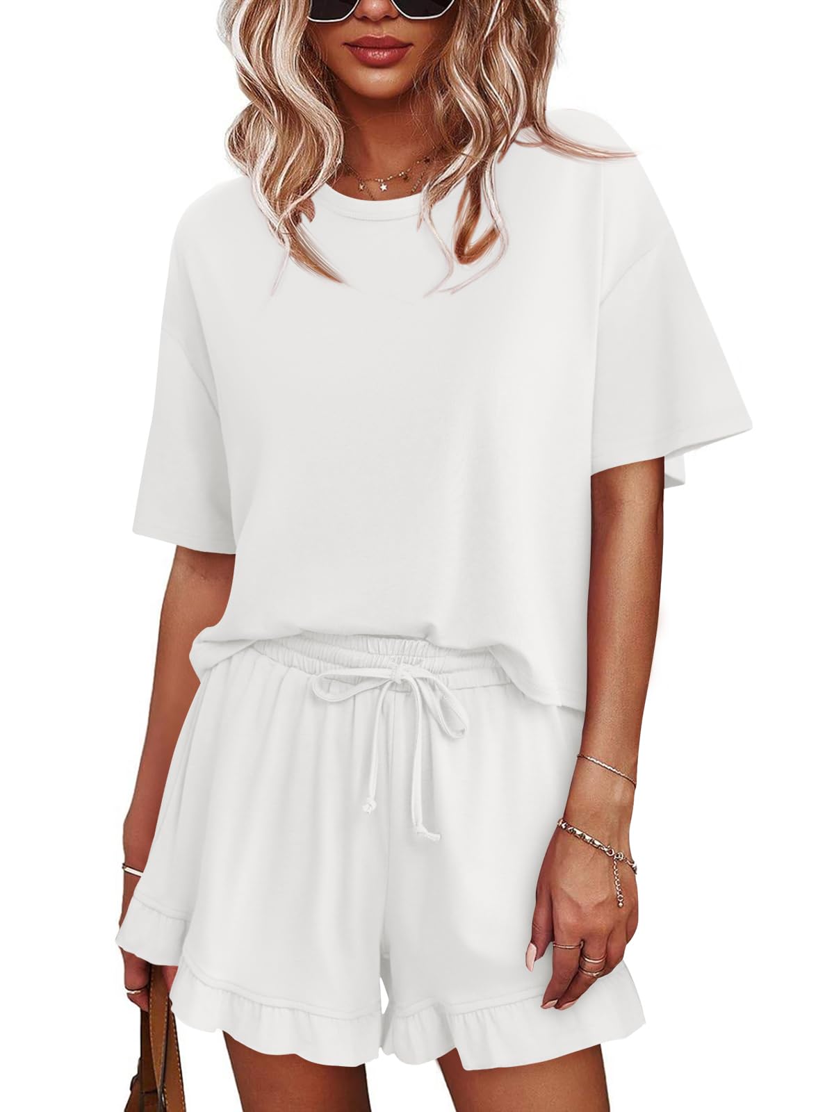 Womens Pajamas Set Lounge Sets Cropped Short Sleeve T Shirts Drawstring Ruffle Shorts