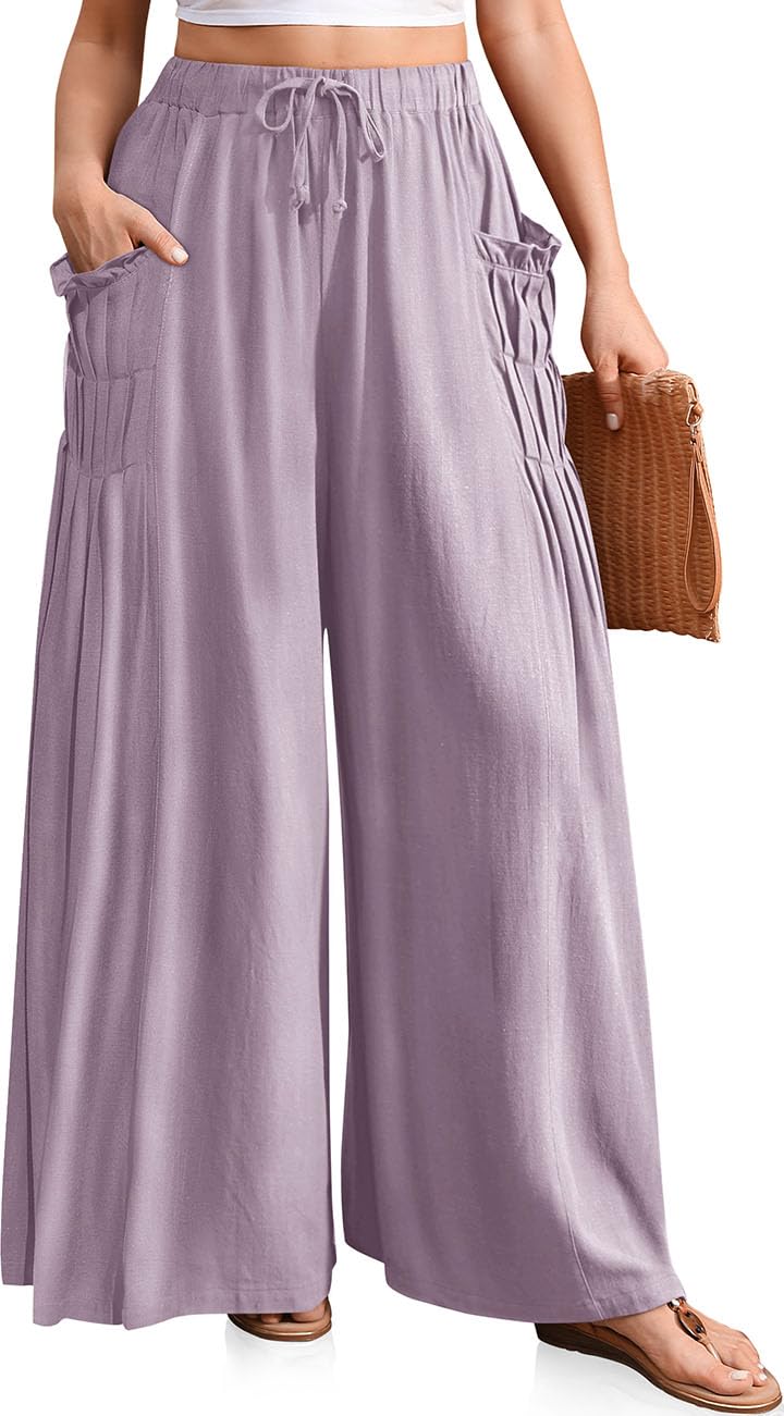 Women Linen Wide Leg Drawstring Palazzo Pants