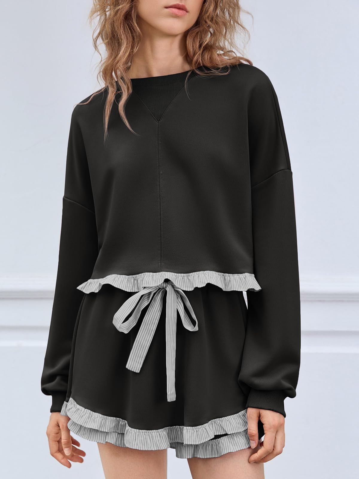 Women's 2 Piece Lounge Sets Color Block Ruffle Cropped Sweatshirts Loose Drawstring Waist Shorts