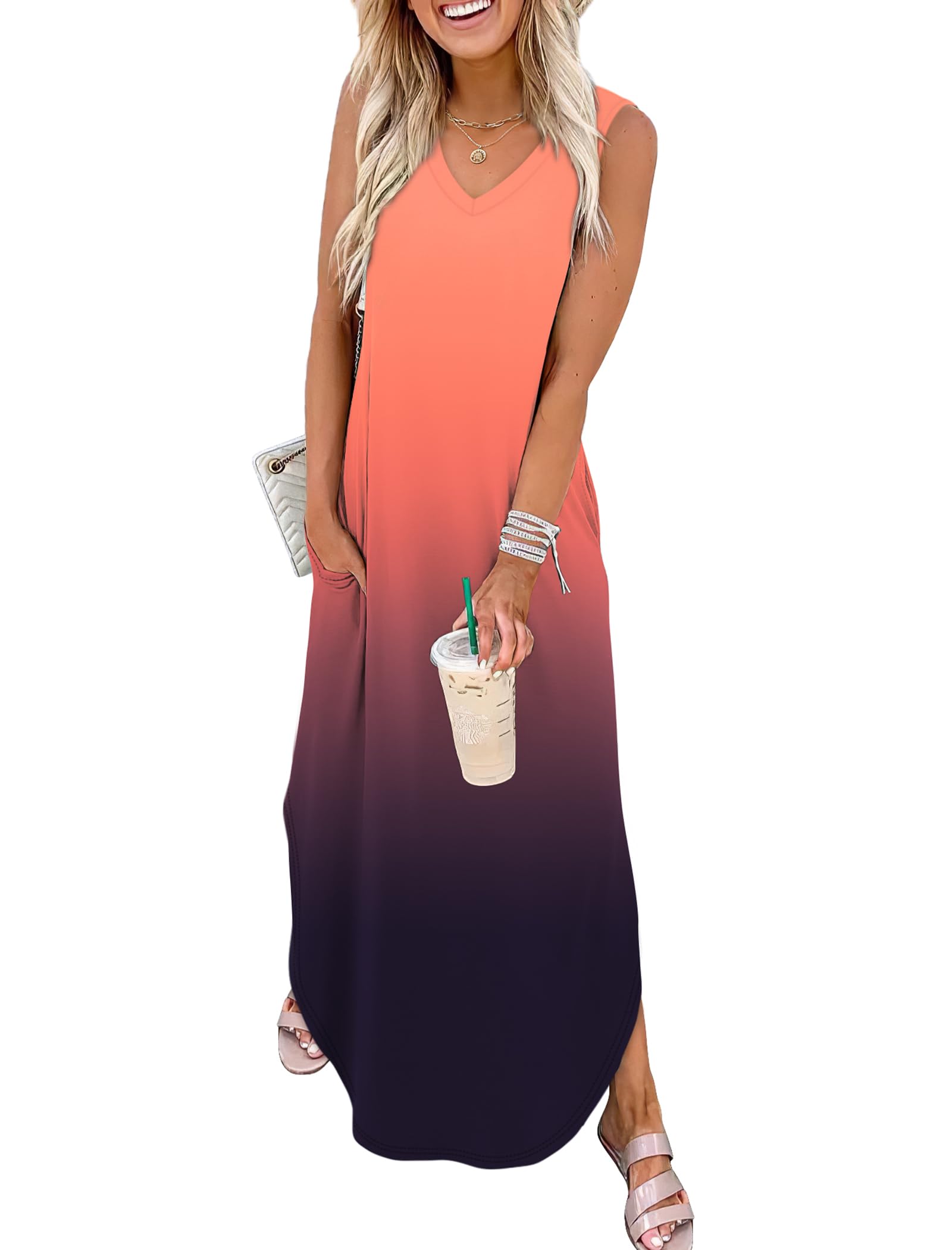 Women's Boho Print V Neck Split Tank Long Dress with Pockets