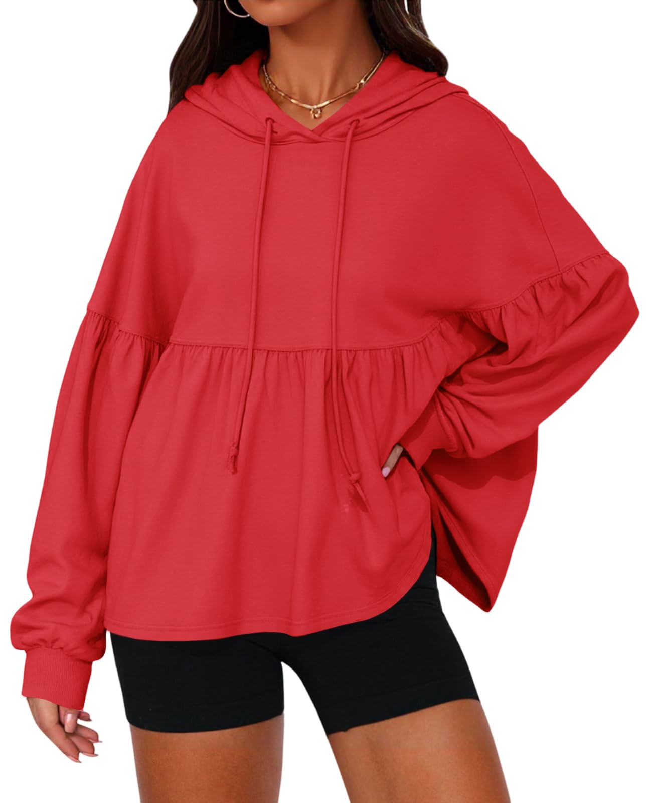 Womens Oversized Lantern Long Sleeve Drawstring Peplum Hem Hooded Pullover Tops(50% off!!!)