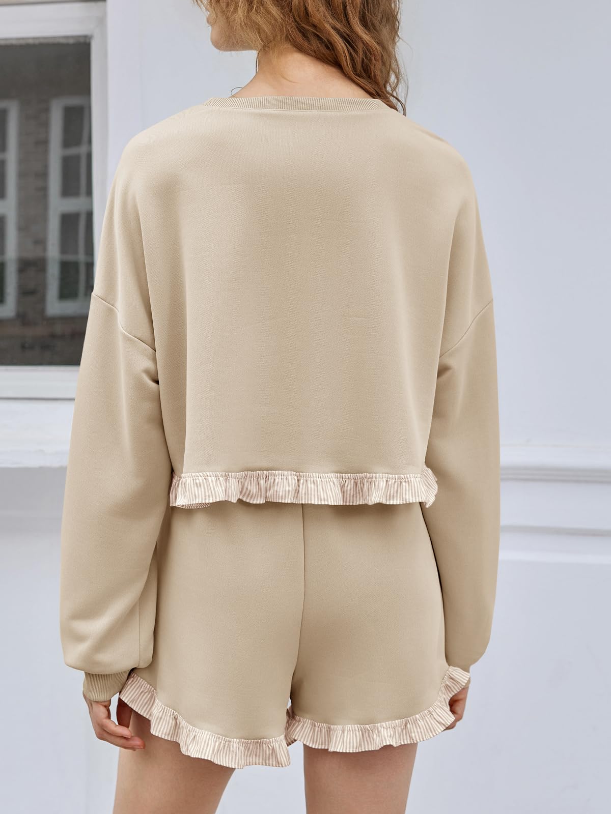 Women's 2 Piece Lounge Sets Color Block Ruffle Cropped Sweatshirts Loose Drawstring Waist Shorts