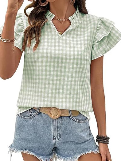 Womens V Neck Ruffle Short Sleeve Gingham Shirts