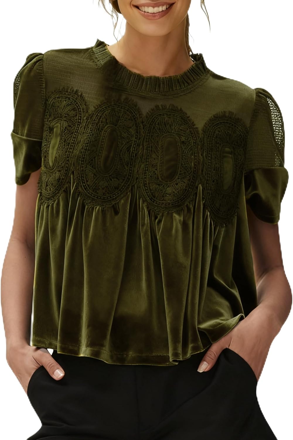 Women's Velvet Lace Blouse Casual Round Neck Short Sleeve Flared Swing Top
