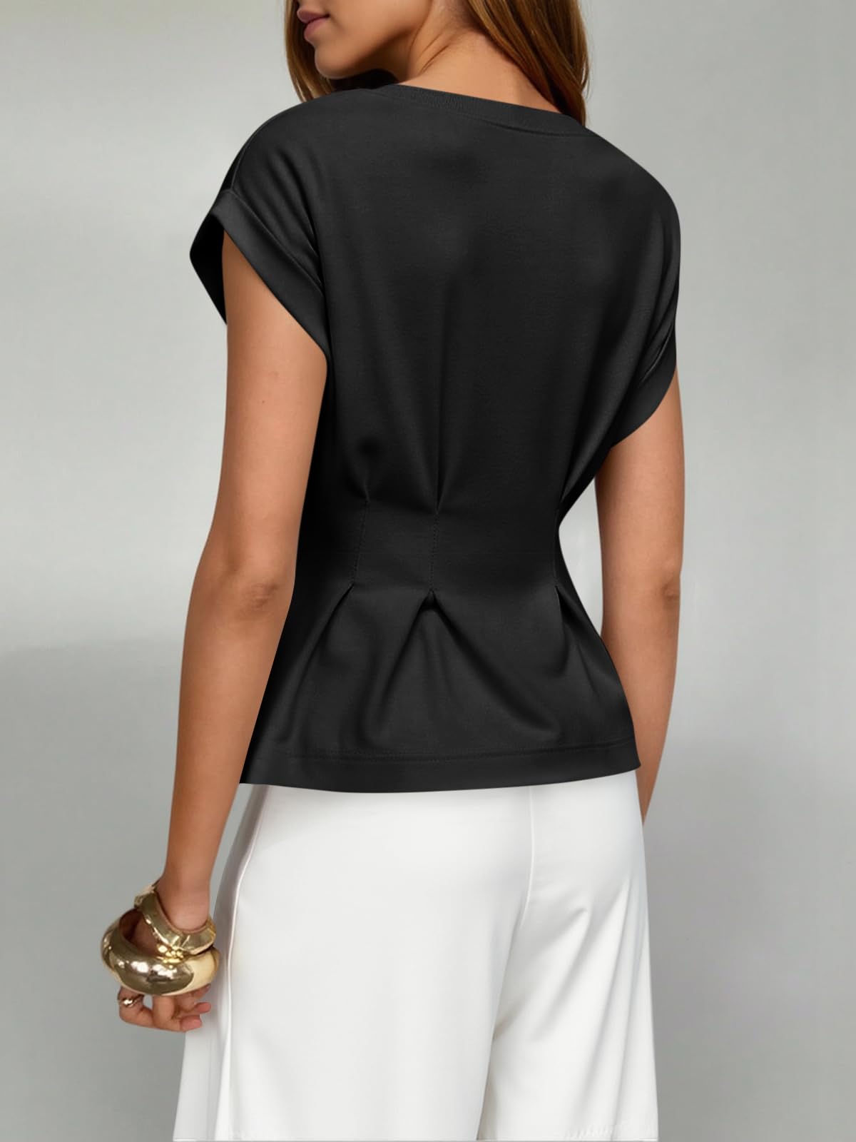 Womens Cap Sleeve T-Shirts Dressy Casual Crew Neck Pleated Blouses