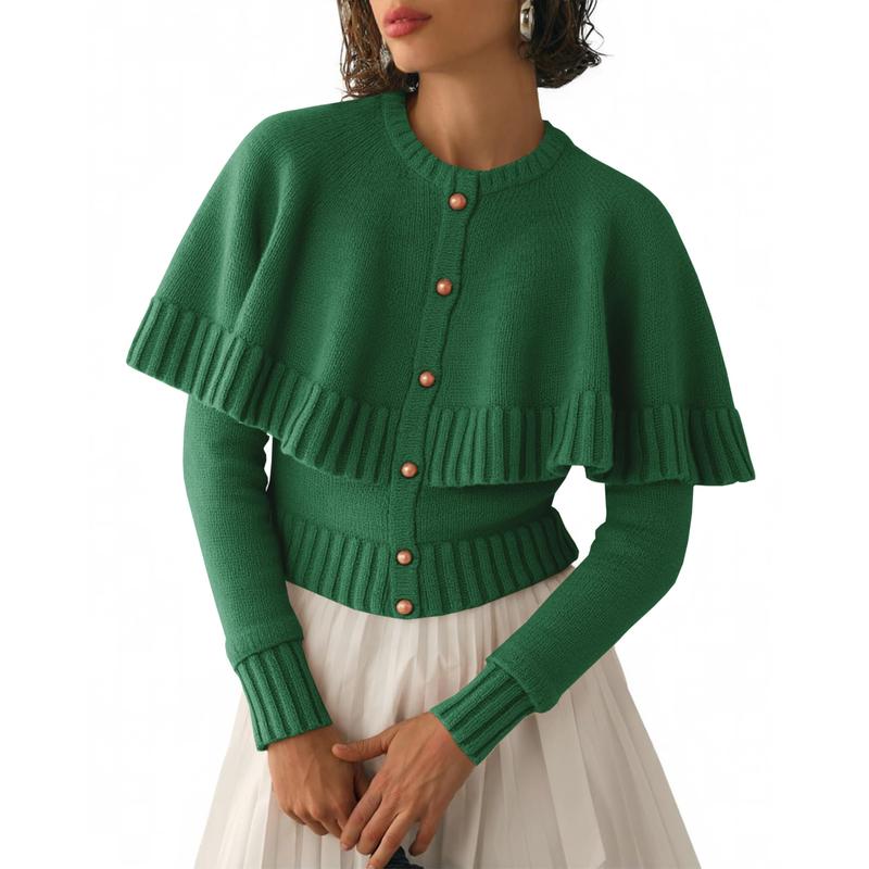 Womens Cropped Cardigan Sweater Long Sleeve Knit Button Up Cape Sweaters