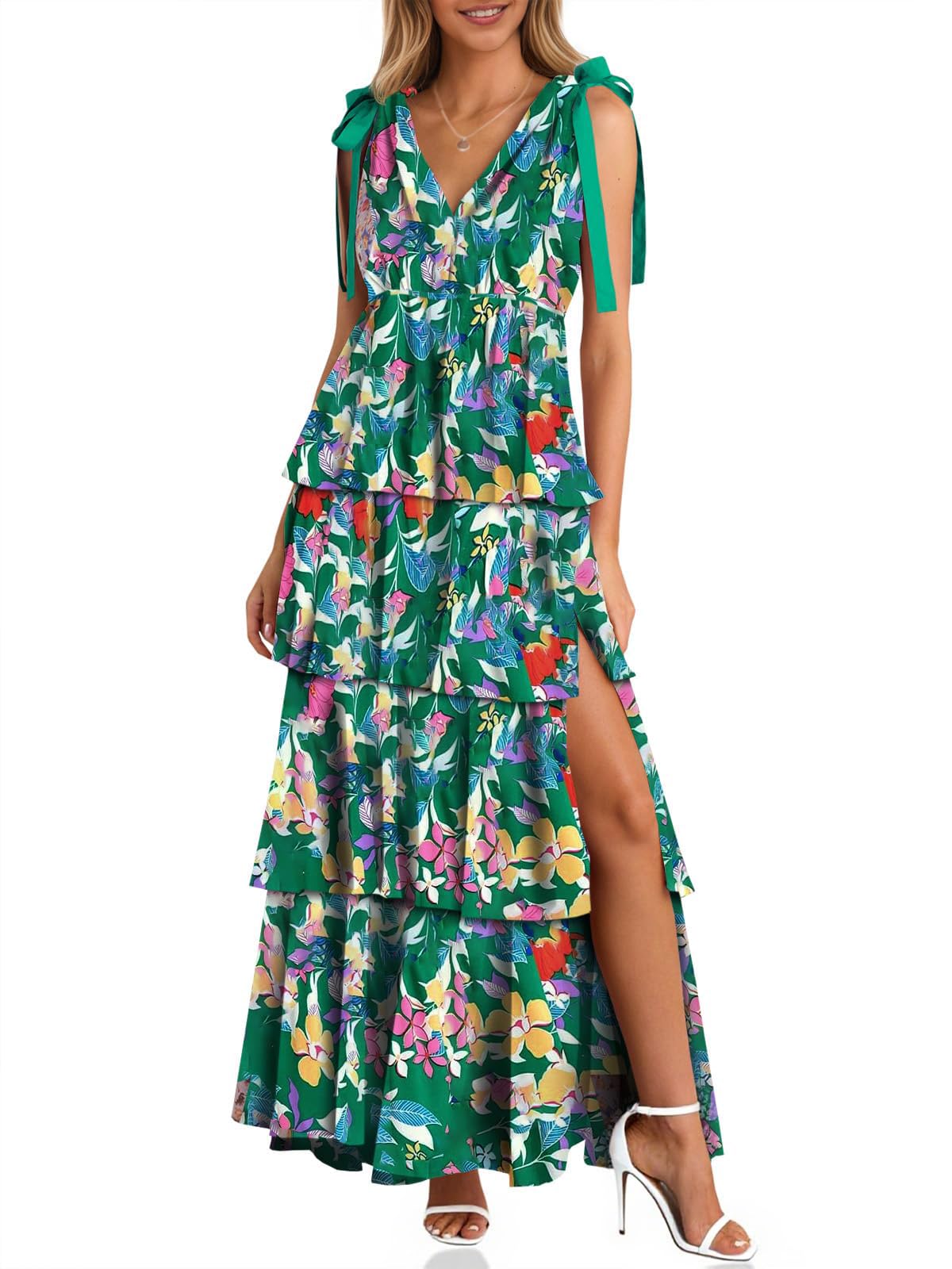 Women's Boho Floral Tie Strap V Neck Ruffle Tiered Maxi Dress