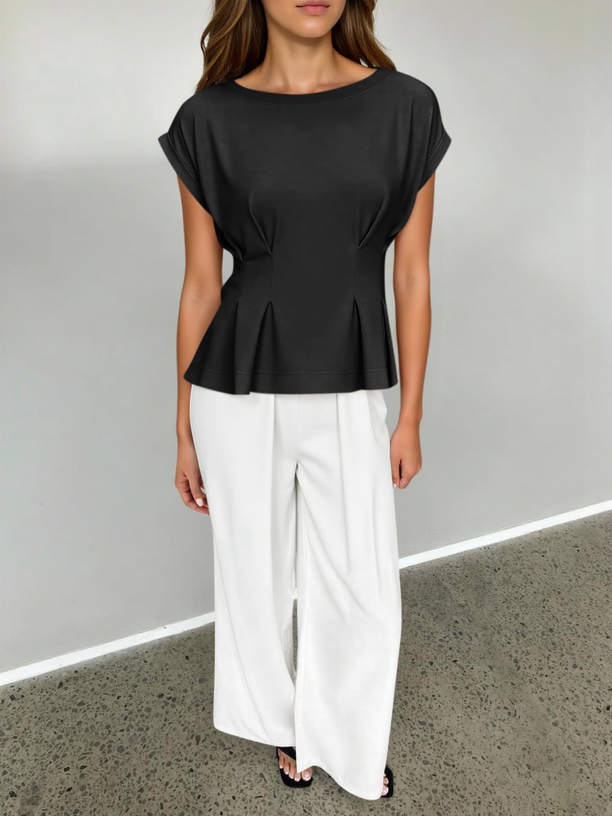 Womens Cap Sleeve T-Shirts Dressy Casual Crew Neck Pleated Blouses