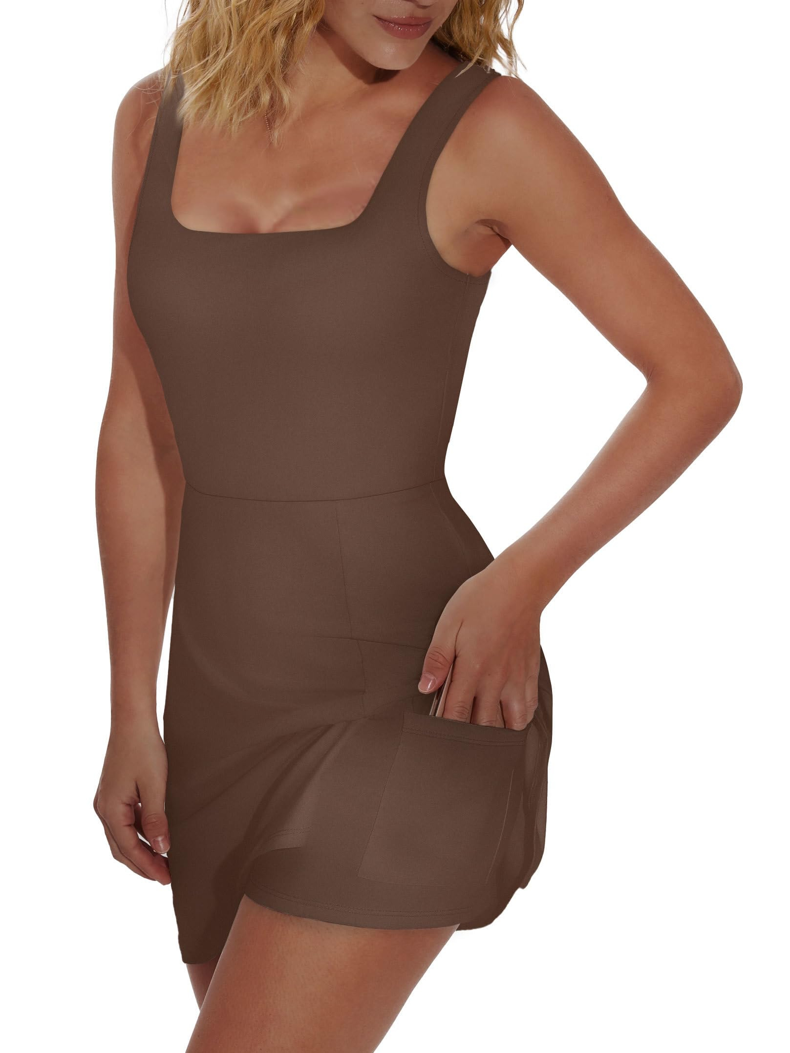 Women Mini U Neck Sleeveless Athletic Dress Built in Shorts with Pockets