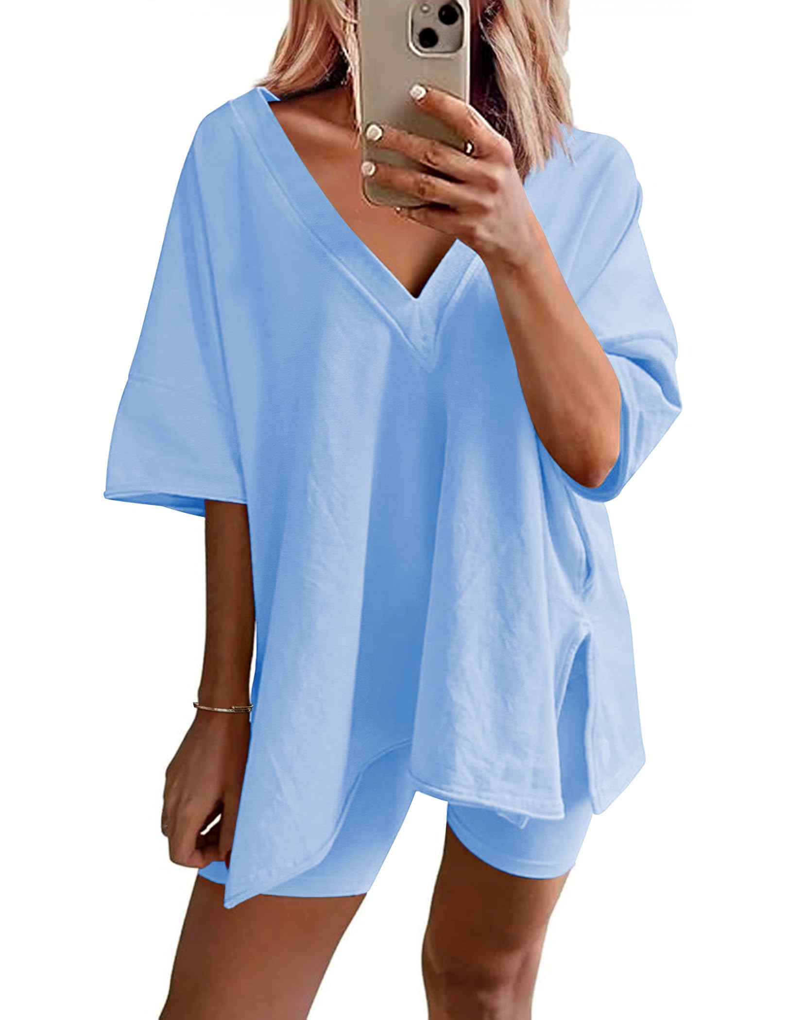 Womens Reversible Oversized V Neck T-Shirts Tops Biker Shorts Set 