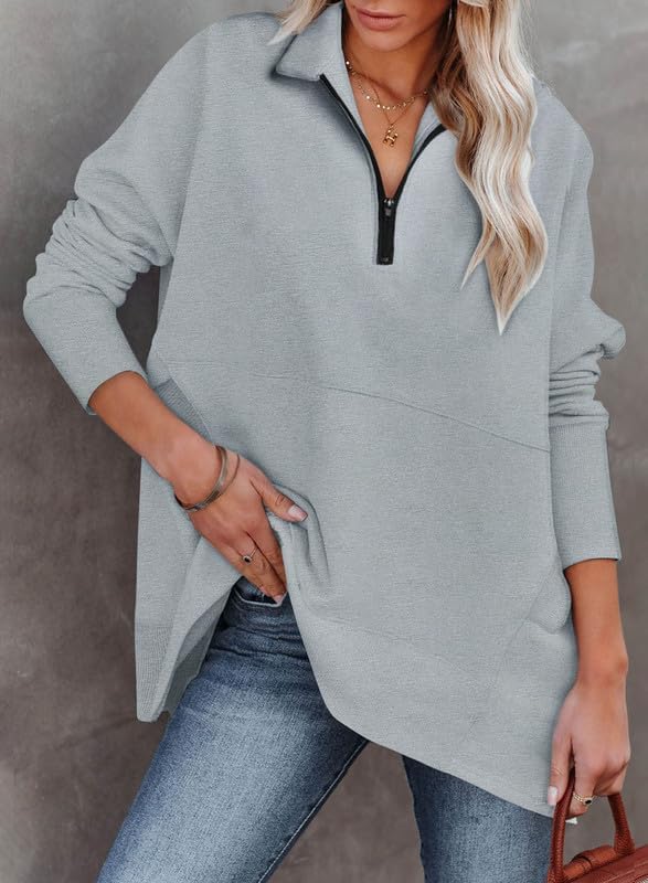 Women's Casual Oversized Half Zip Sweatshirts Long Sleeve Solid Color Pullover Jackets with Pockets(Buy 2 Free Shipping)