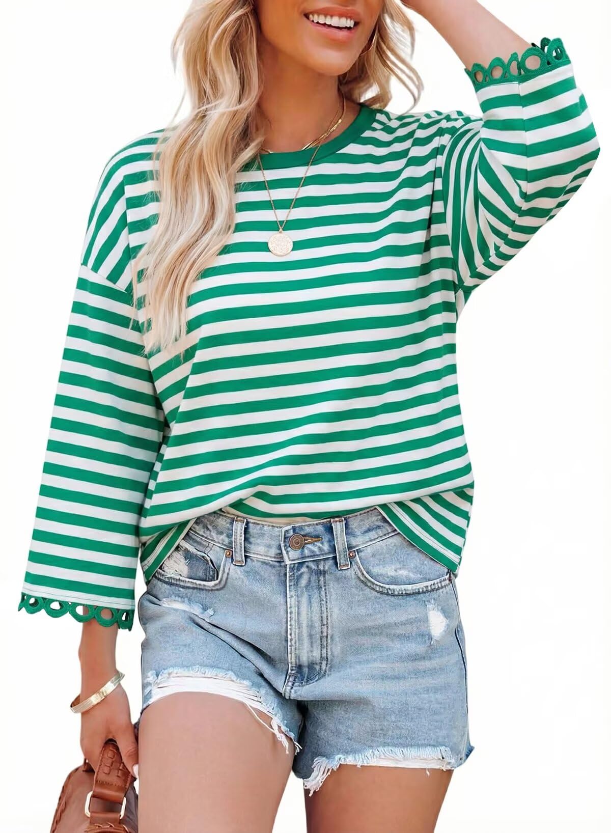 HOT SALE Women's Crewneck Striped Cute Color Block 3/4 Sleeve Blouse Top