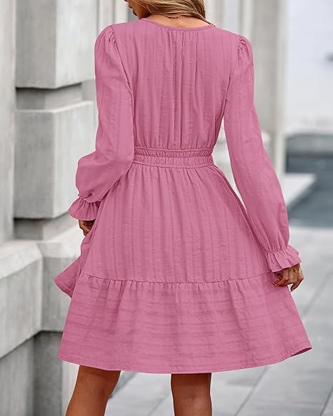 Women 2026 Casual Lightweight Long Sleeve V Neck A Line Elastic Waist Mini Dresses(50% OFF!!!)