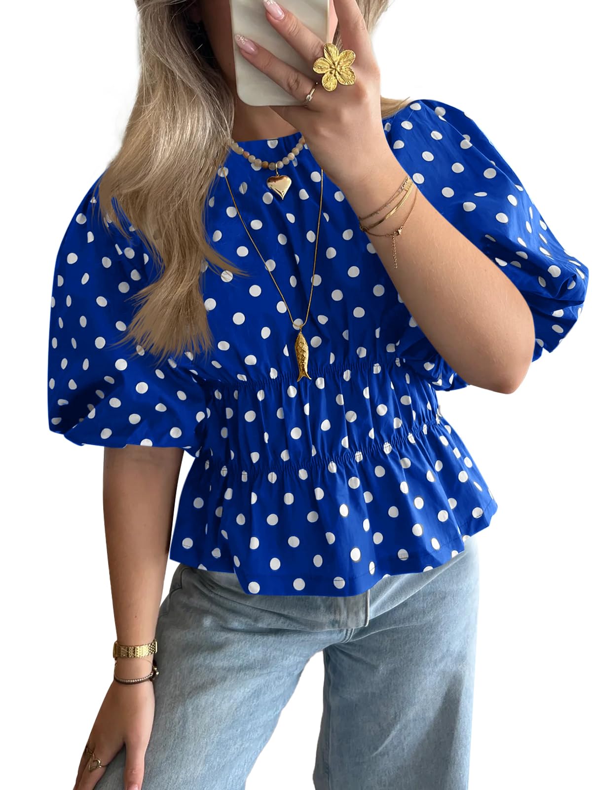 Womens Polka Dots Peplum Tops Summer Puff Short Sleeve Round Neck Blouses