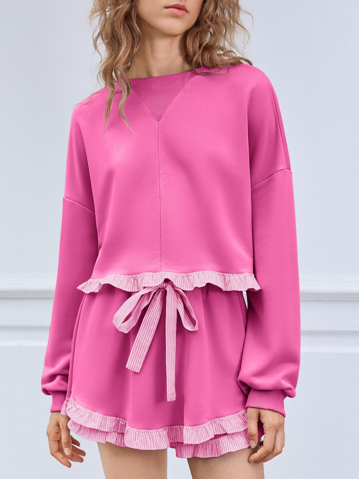 Women's 2 Piece Lounge Sets Color Block Ruffle Cropped Sweatshirts Loose Drawstring Waist Shorts