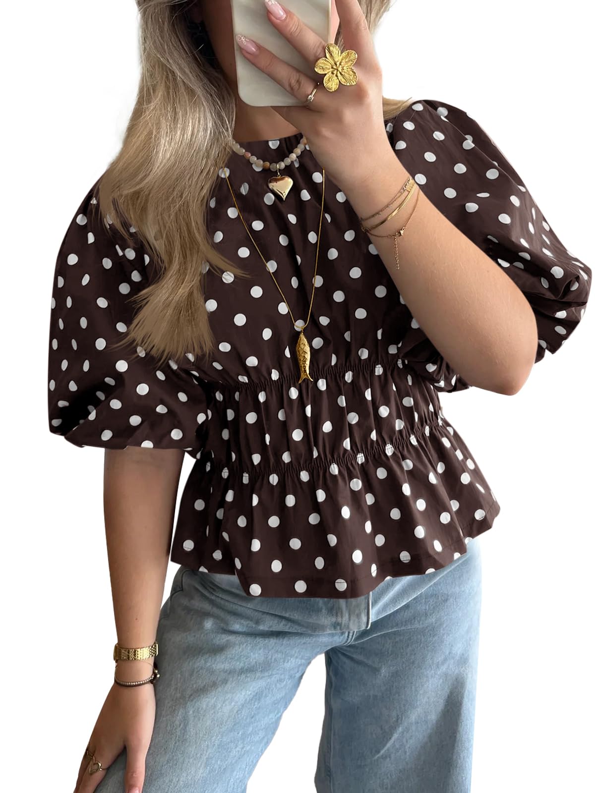 Womens Polka Dots Peplum Tops Summer Puff Short Sleeve Round Neck Blouses