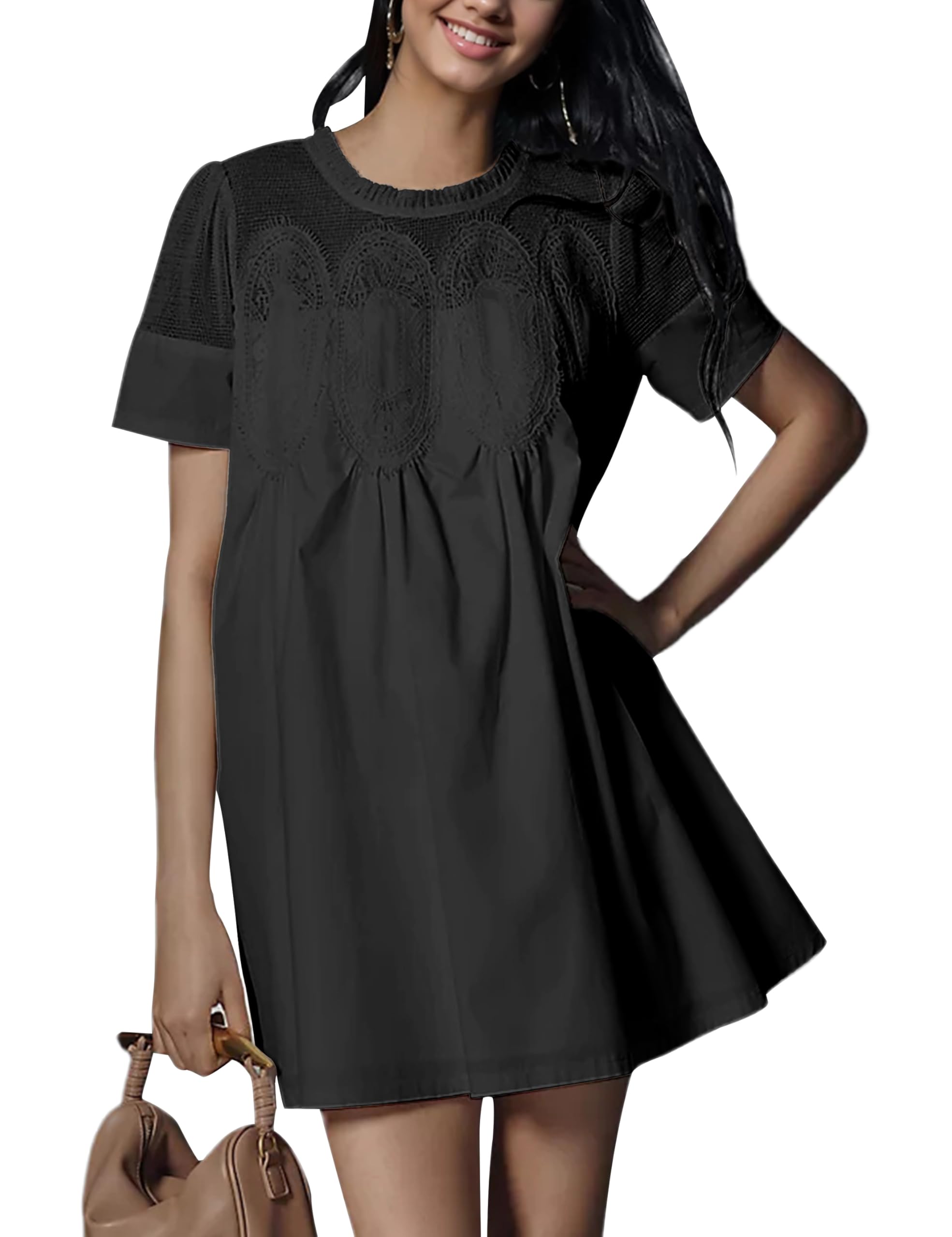 Womens Babydoll Lace Patchwork Dresses Short Sleeve Ruffle Sundress