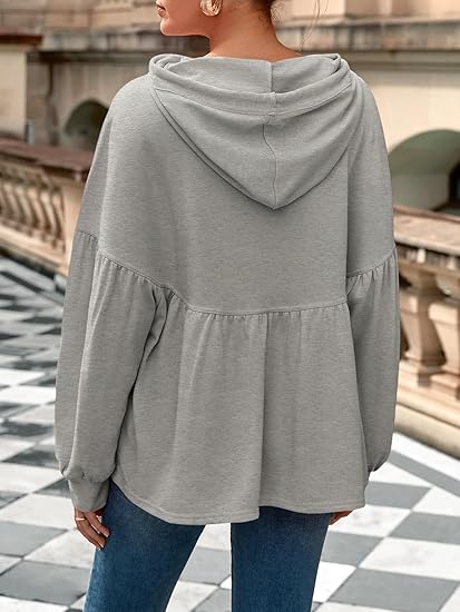 Womens Oversized Lantern Long Sleeve Drawstring Peplum Hem Hooded Pullover Tops(50% off!!!)