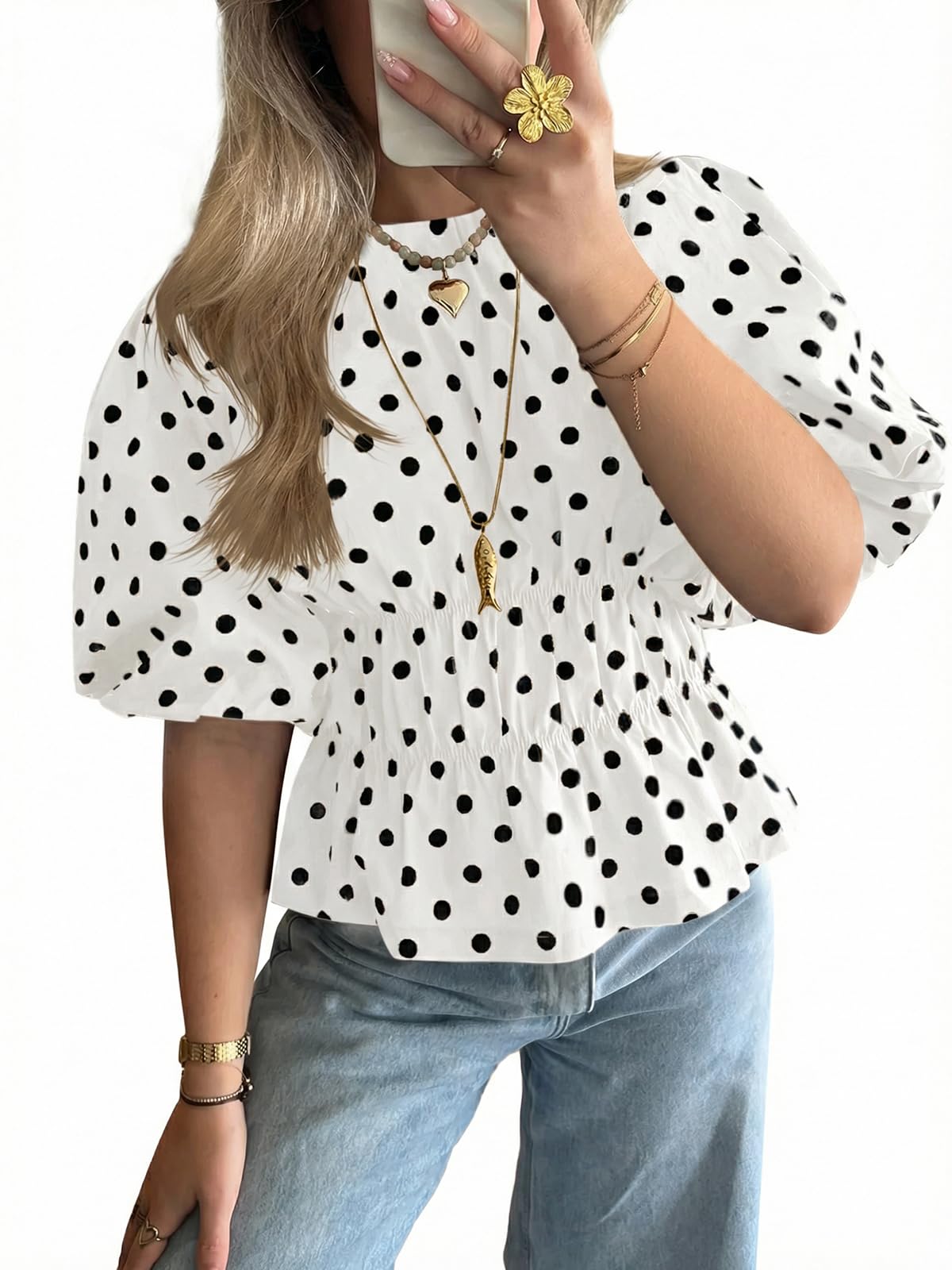 Womens Polka Dots Peplum Tops Summer Puff Short Sleeve Round Neck Blouses