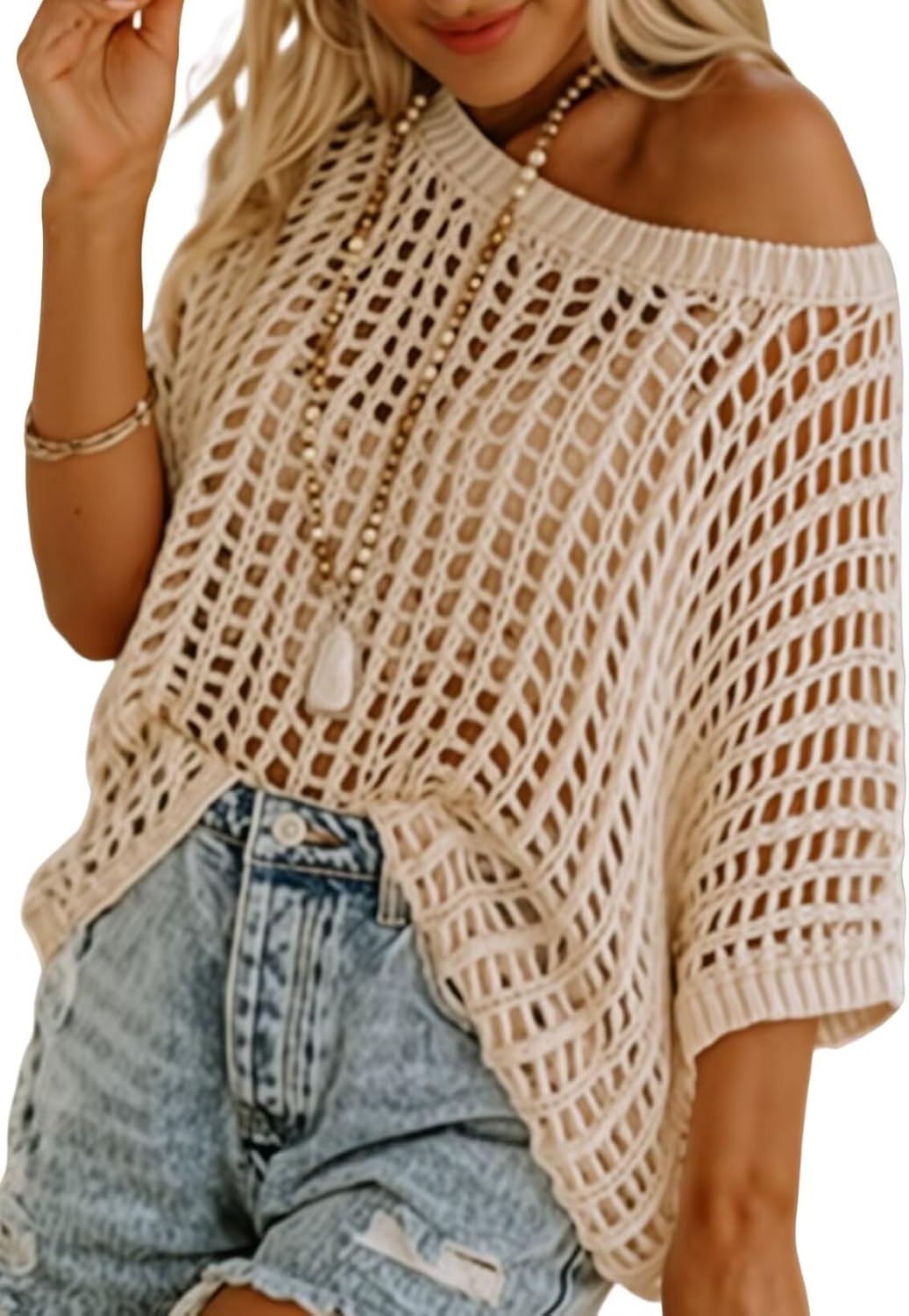 Womens Casual Short Sleeve Hollow Out Pullover Knit Tops(BUY 2 FREE SHIPPING)
