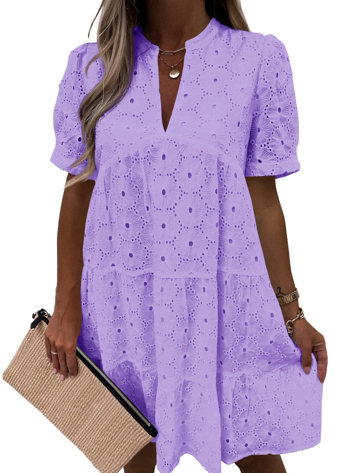 Women’s Summer Lace Dresses Eyelet Casual Flowy Babydoll Swing Short Sleeve V Neck Tunic Dress