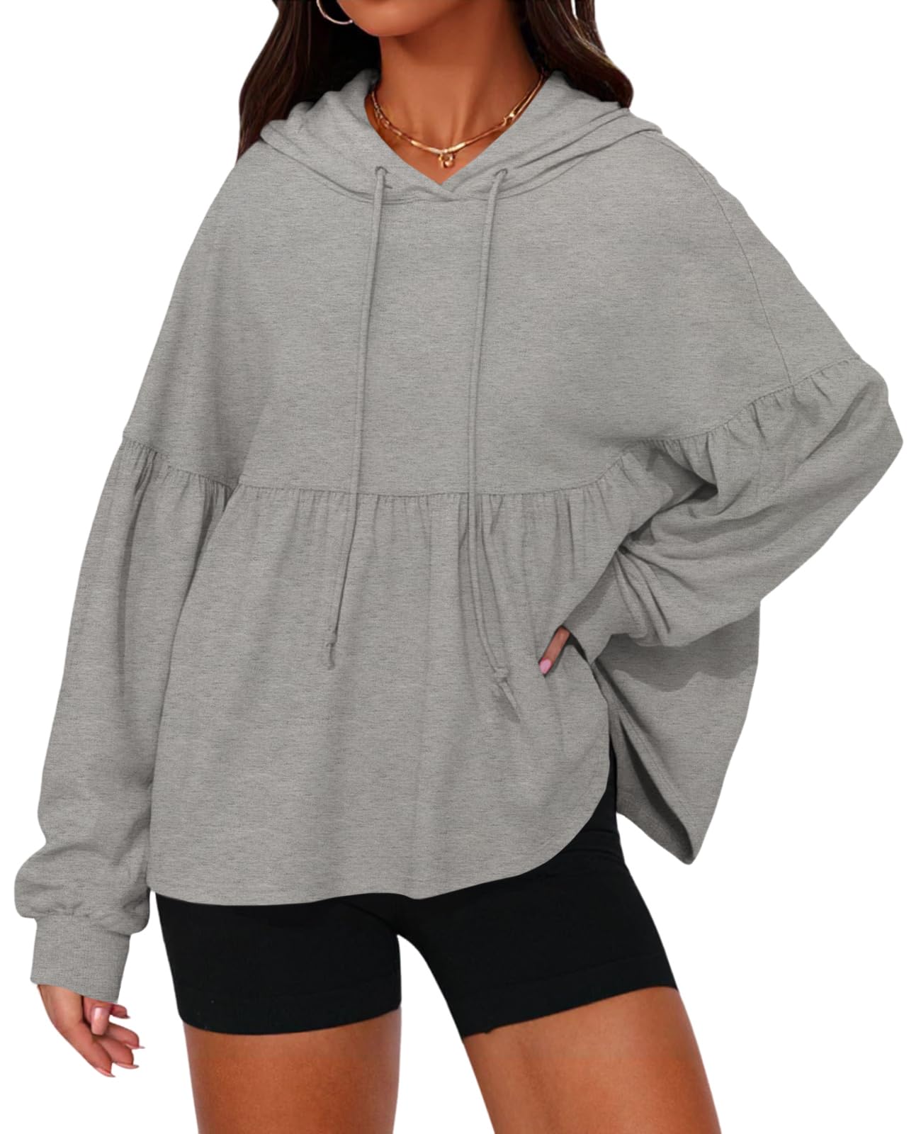 Womens Oversized Lantern Long Sleeve Drawstring Peplum Hem Hooded Pullover Tops(50% off!!!)