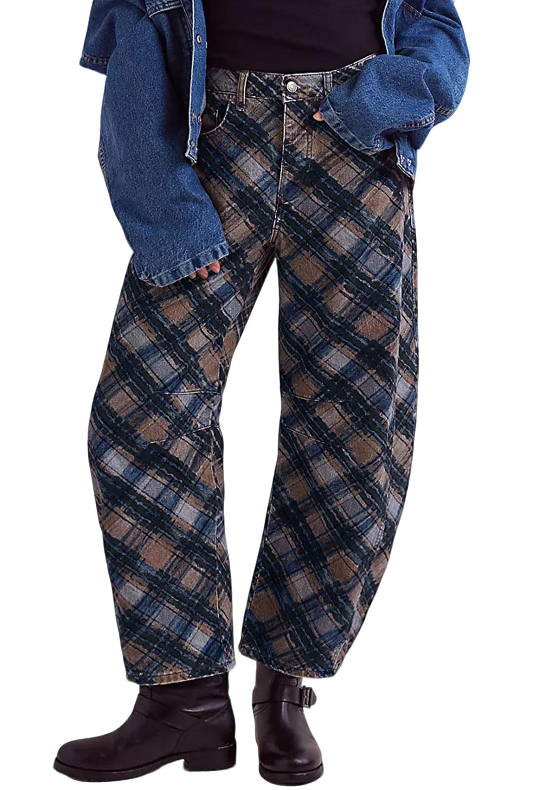 Women Boyfriend Baggy Barrel Jeans Floral Print Denim Ankle Pants Wide Leg Mid Rise Jeans