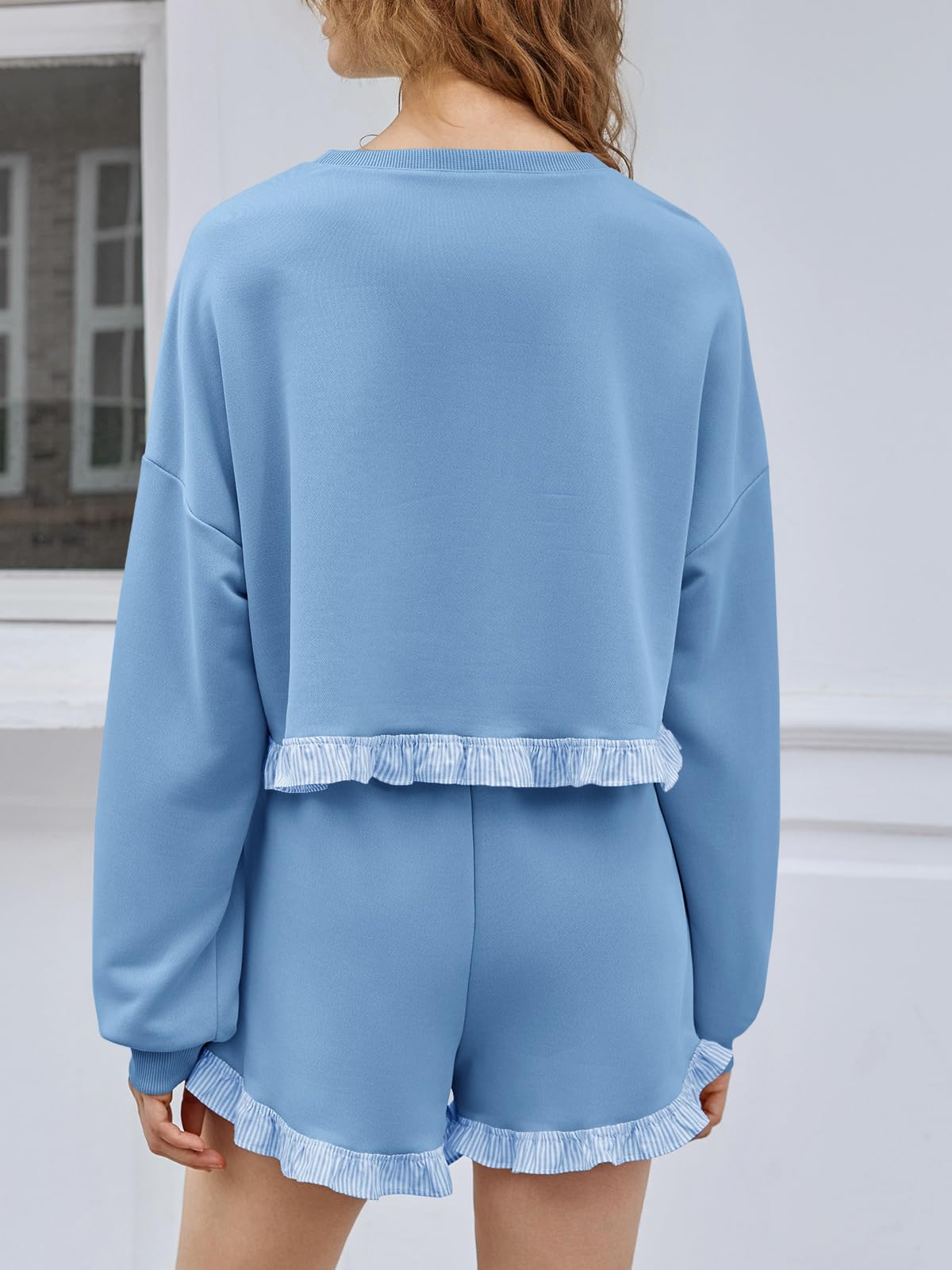 Women's 2 Piece Lounge Sets Color Block Ruffle Cropped Sweatshirts Loose Drawstring Waist Shorts