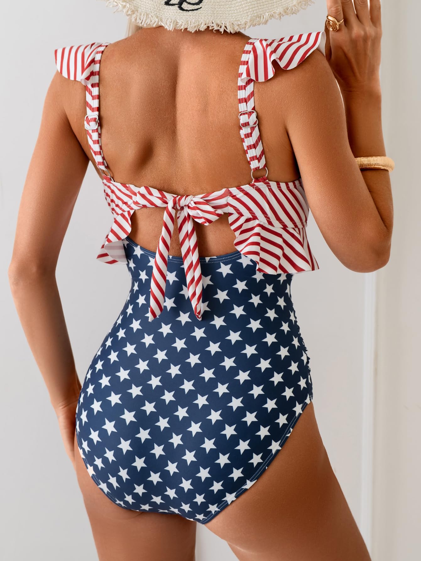 Women Tummy Control Ruffle Bathing Suit V Neck Ruched Swim Suit