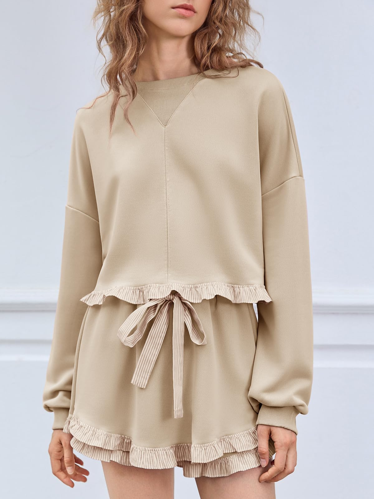 Women's 2 Piece Lounge Sets Color Block Ruffle Cropped Sweatshirts Loose Drawstring Waist Shorts