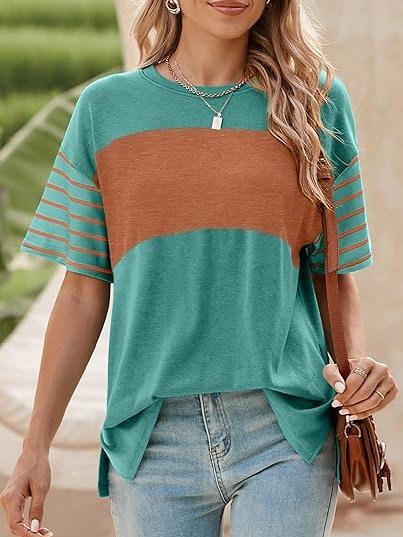 Womens Oversized Crewneck Casual Color Block Striped Shirts Blouses(Buy 3 Free Shipping)
