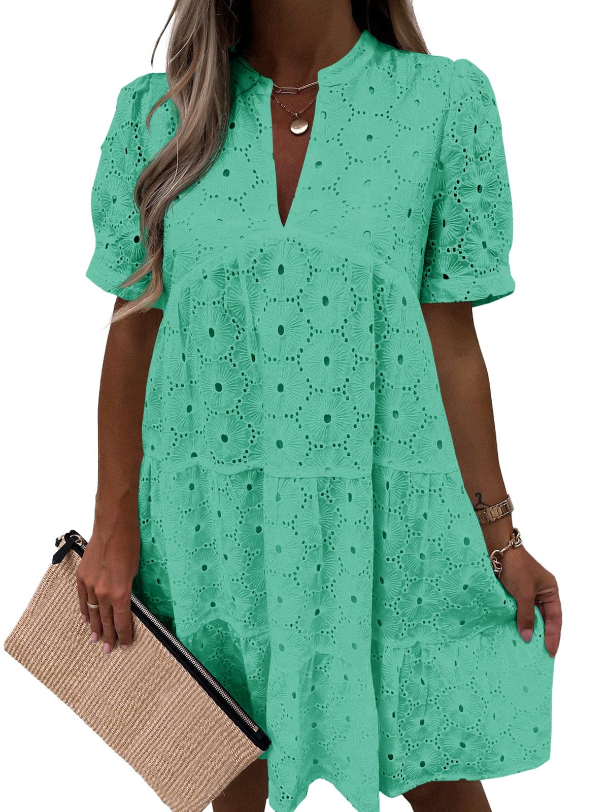 Women’s Summer Lace Dresses Eyelet Casual Flowy Babydoll Swing Short Sleeve V Neck Tunic Dress