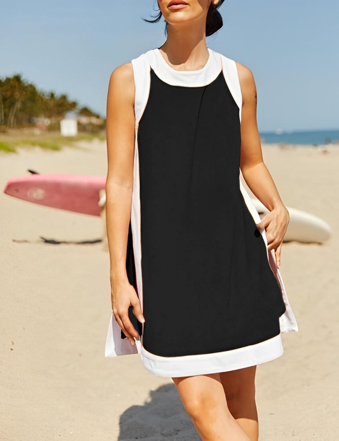 Women's Casual Color Block Sleeveless Tops Matching Shorts with Pockets