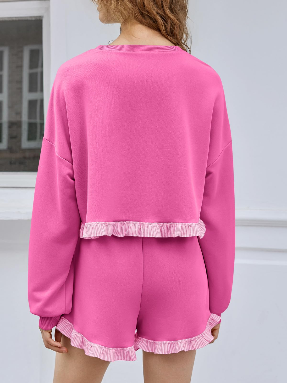 Women's 2 Piece Lounge Sets Color Block Ruffle Cropped Sweatshirts Loose Drawstring Waist Shorts