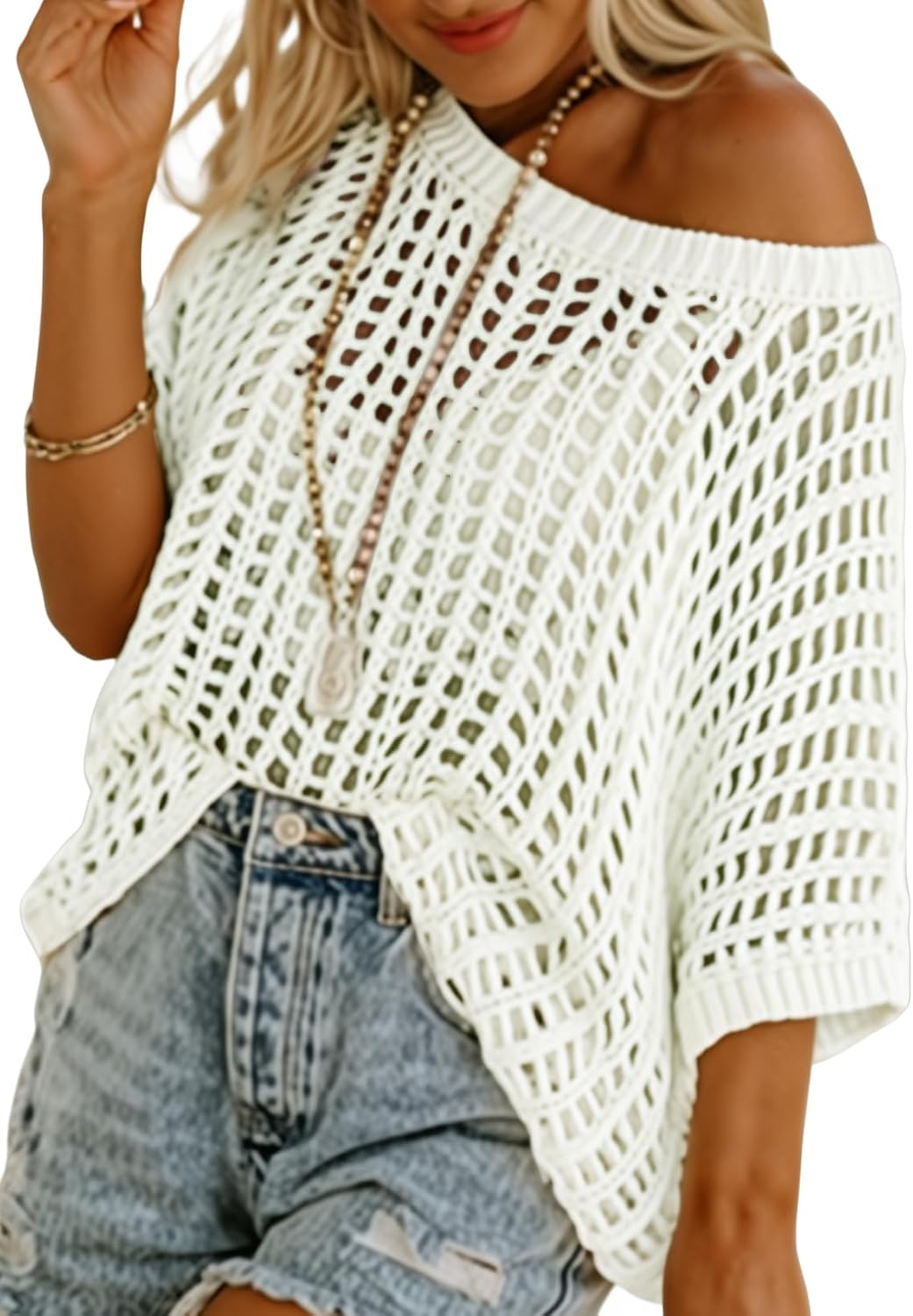 Womens Casual Short Sleeve Hollow Out Pullover Knit Tops(BUY 2 FREE SHIPPING)