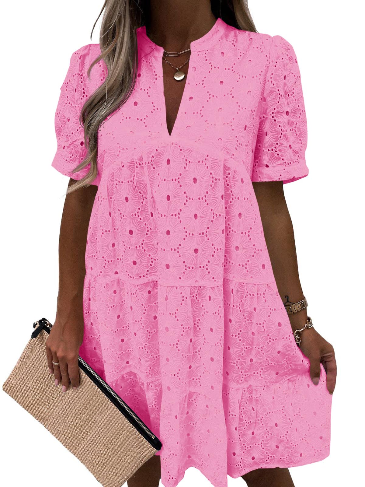 Women’s Summer Lace Dresses Eyelet Casual Flowy Babydoll Swing Short Sleeve V Neck Tunic Dress