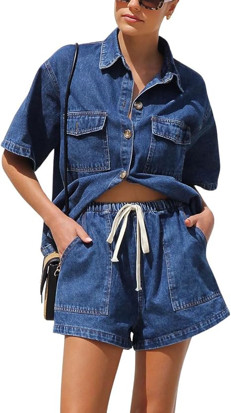 Women's Summer Denim Short Sleeve Button Down Shirt Elastic Waist Wide Leg Shorts Matching Set
