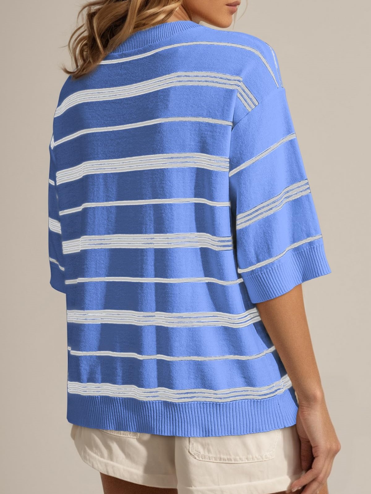Women's Oversized 3/4 Sleeve Striped Lightweight Knit Sweater Tops