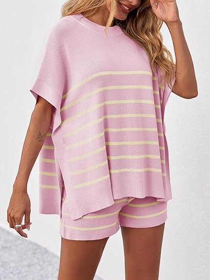 Women's Striped 2 Piece Outfits Oversized Batwing Short Sleeve Tops High Waisted Shorts(40% OFF!!!)