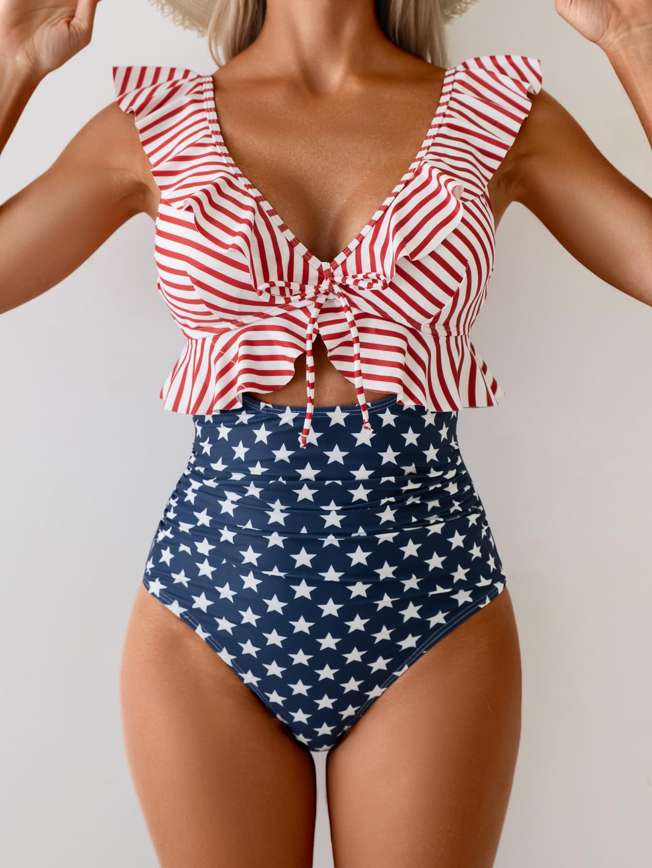 Women Tummy Control Ruffle Bathing Suit V Neck Ruched Swim Suit