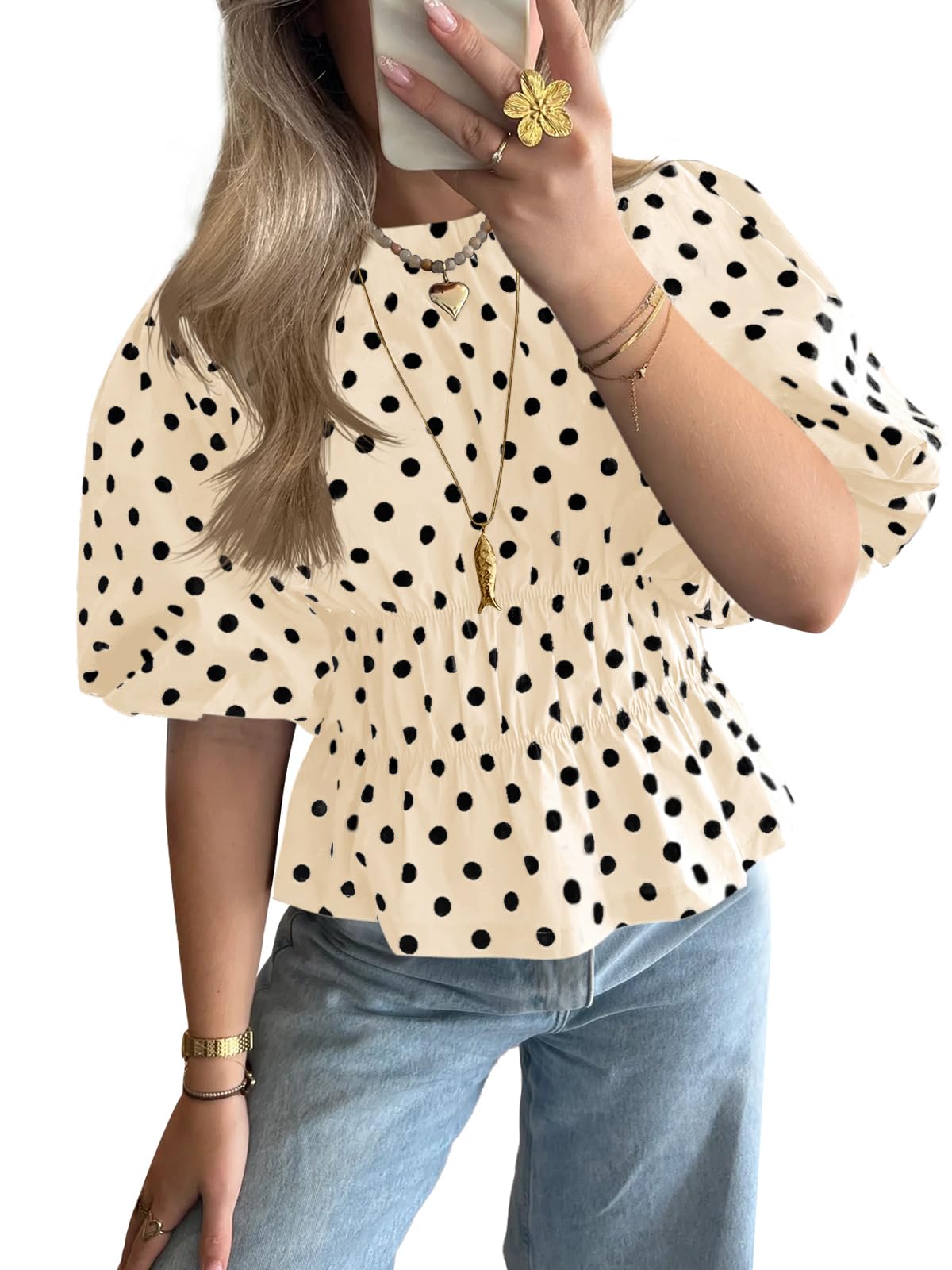 Womens Polka Dots Peplum Tops Summer Puff Short Sleeve Round Neck Blouses