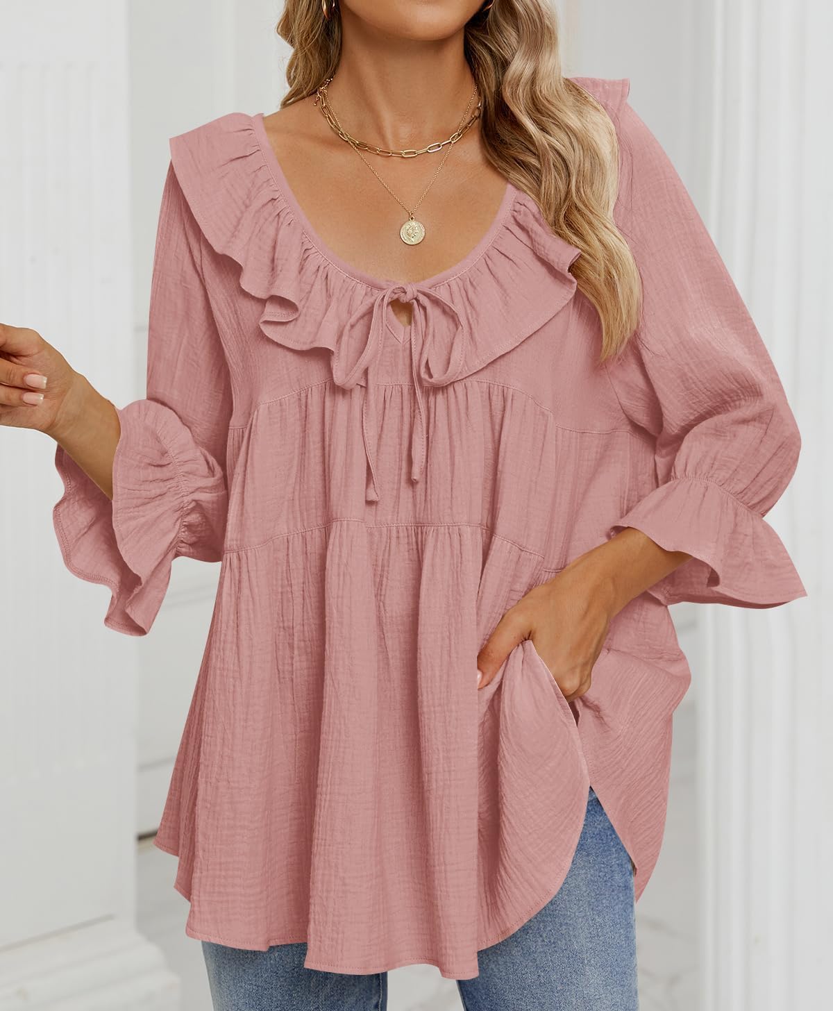 3/4 Sleeve Scoop Neck Tie Front Ruffle Tiered Peplum Loose Blouse Tops