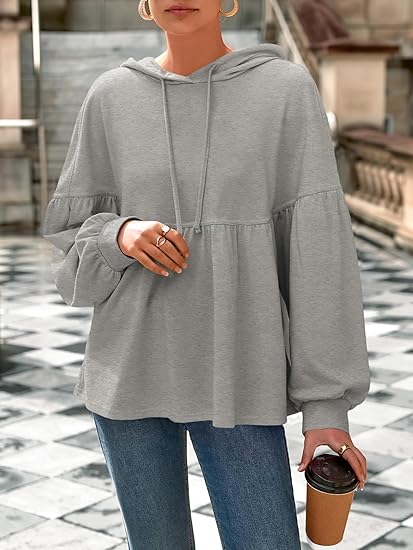 Womens Oversized Lantern Long Sleeve Drawstring Peplum Hem Hooded Pullover Tops(50% off!!!)