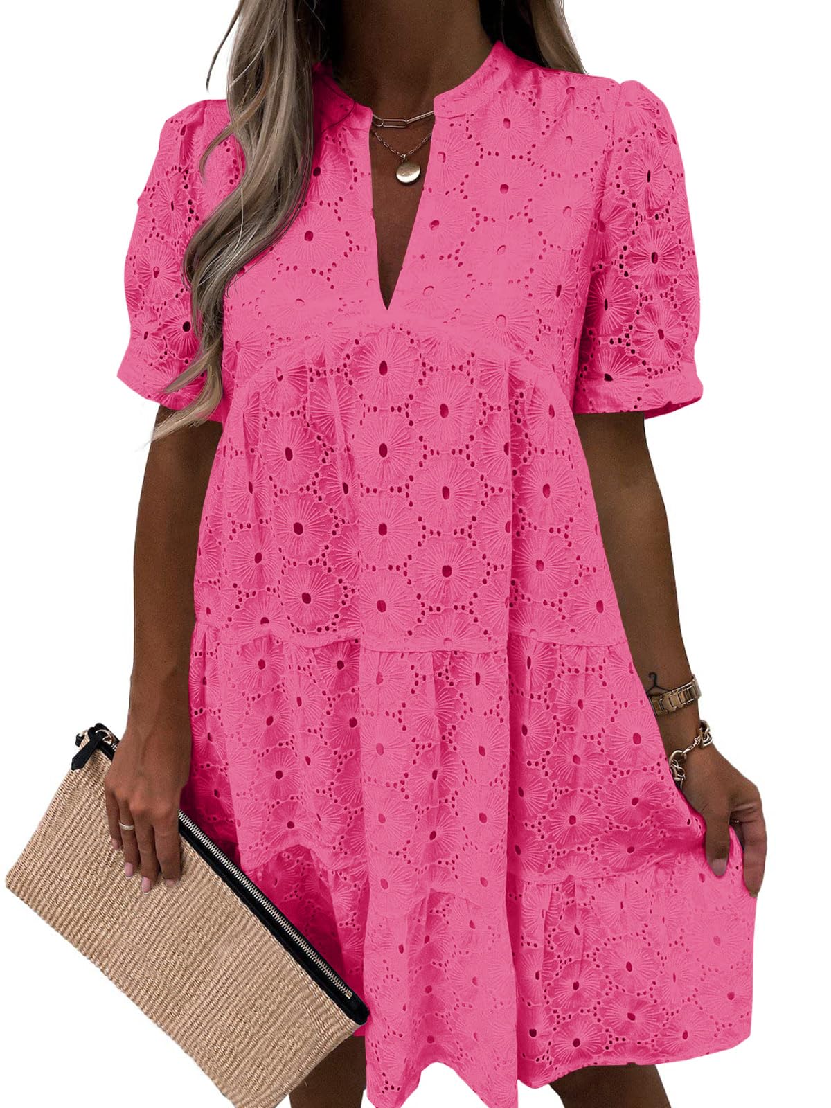 Women’s Summer Lace Dresses Eyelet Casual Flowy Babydoll Swing Short Sleeve V Neck Tunic Dress