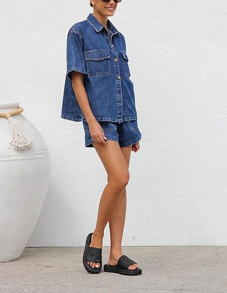 Women's Summer Denim Short Sleeve Button Down Shirt Elastic Waist Wide Leg Shorts Matching Set