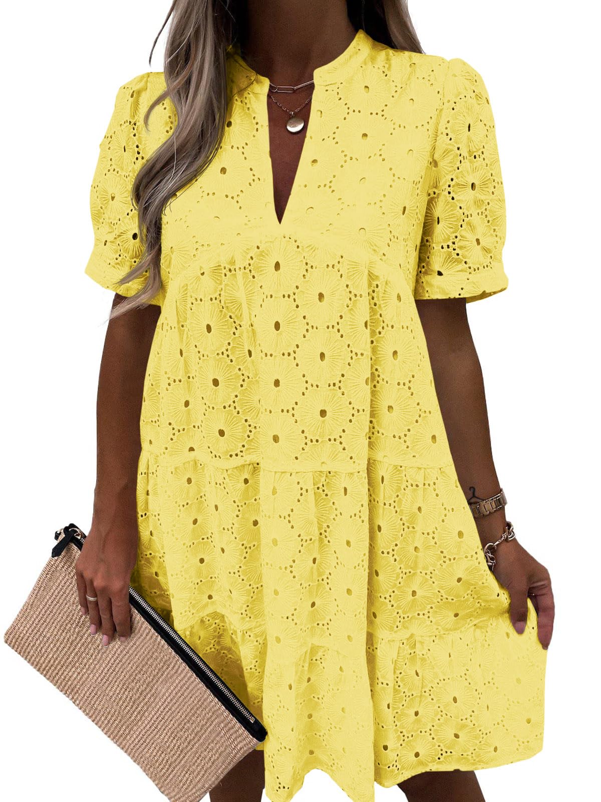 Women’s Summer Lace Dresses Eyelet Casual Flowy Babydoll Swing Short Sleeve V Neck Tunic Dress