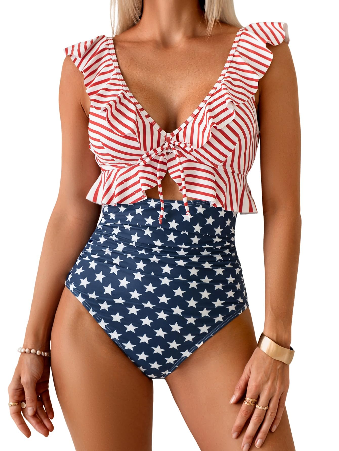 Women Tummy Control Ruffle Bathing Suit V Neck Ruched Swim Suit