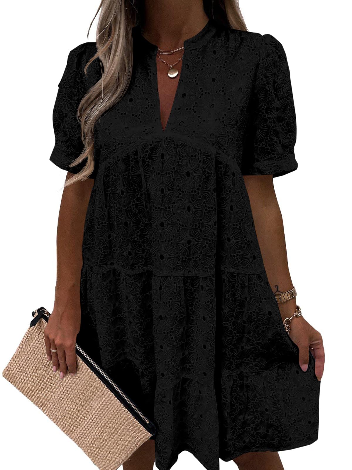 Women’s Summer Lace Dresses Eyelet Casual Flowy Babydoll Swing Short Sleeve V Neck Tunic Dress